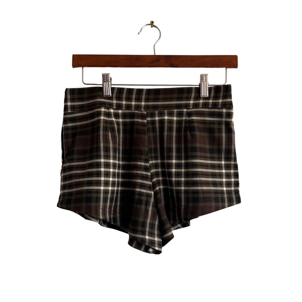 Free People Olive Green Brown Plaid High Waisted Shorts Side Zip Size 0